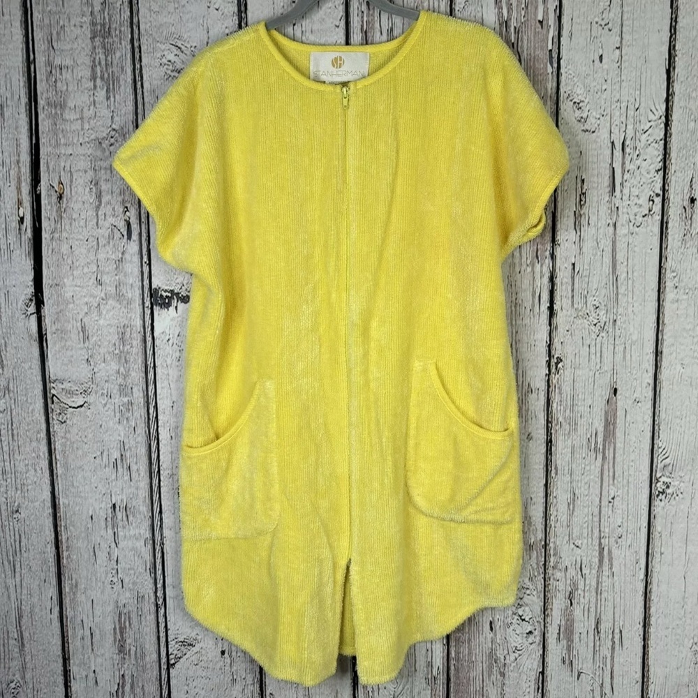 VINTAGE Stan Herman Yellow Chenille Short Zip Up‎ Bathrobe Cover Up Size Medium